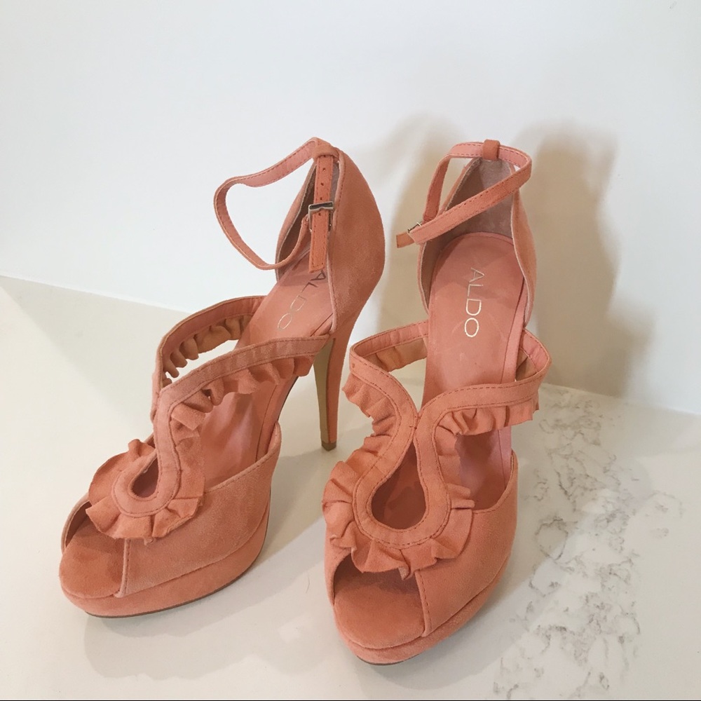 Aldo Ruffled Pink Suede Strapped Heels - Size 38
